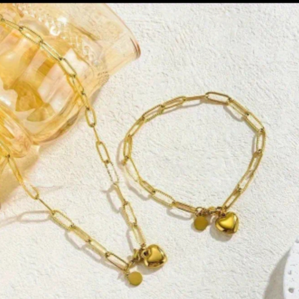 Stainless Steel Gold Plated Heart Charm Necklace and Bracelet Set. New.